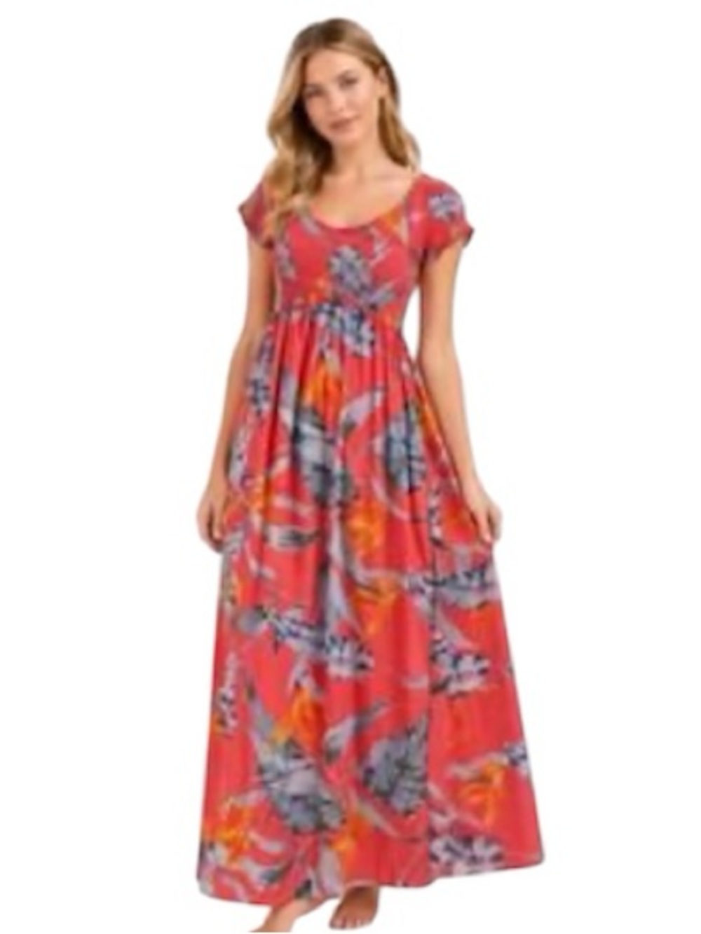 Patrons of Peace Smocked Bodice Off-ShoulderMaxi Dress Tropical Orange Print XS